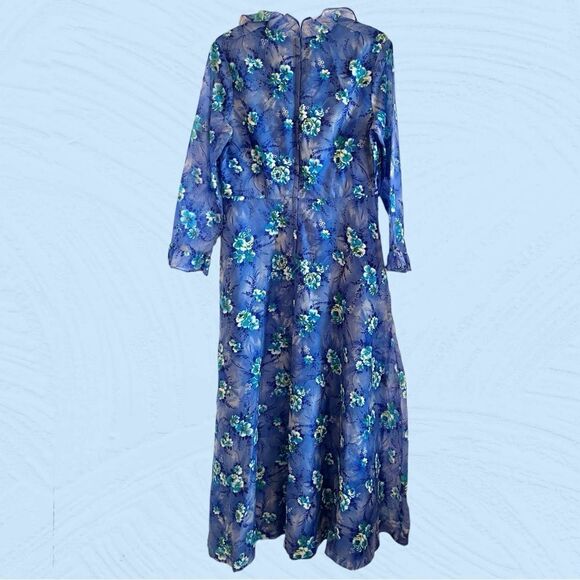Vintage 60s Missy Matron Spi Bor maxi floral blue bell dress - Picture 7 of 13